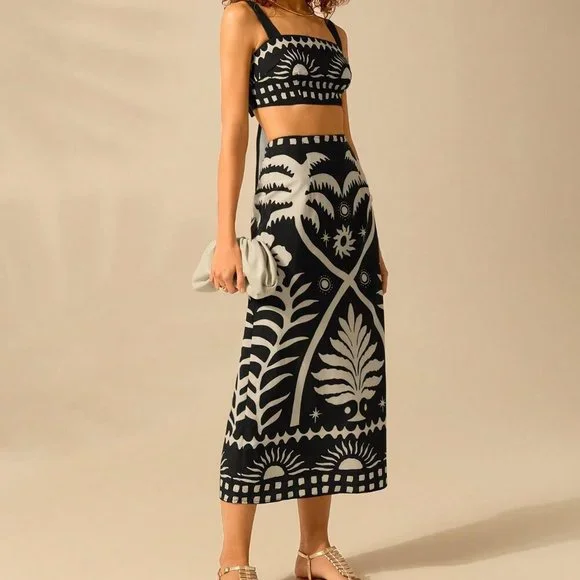 Black Boho Women's Coconut Print Cropped Cami Top And Fitted Maxi Skirt Set - Picture 4 of 7